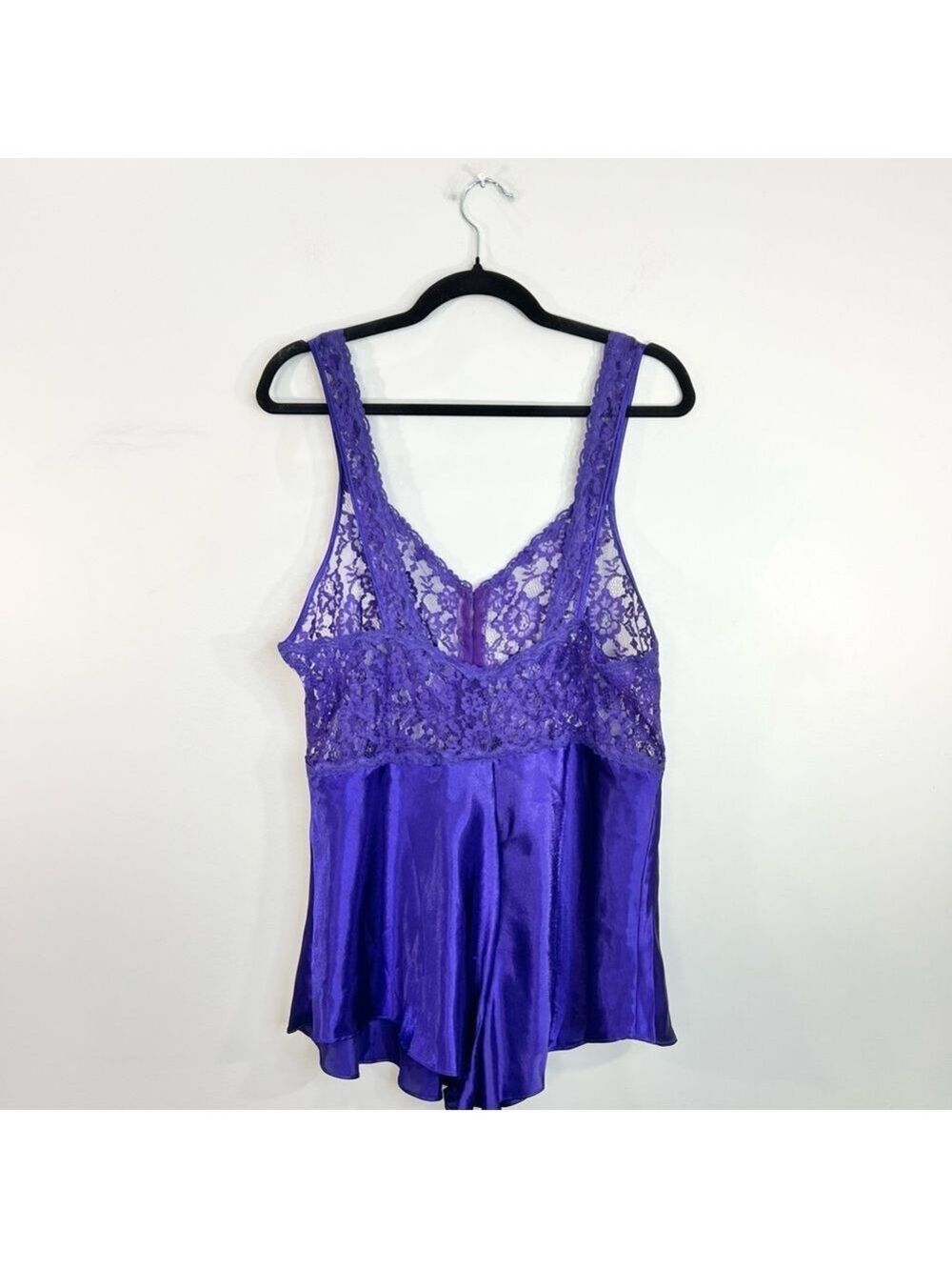 Vintage 80s 90s purple satin sheer lace bodice romper teddy negligee lingerie L - Picture 5 of 15